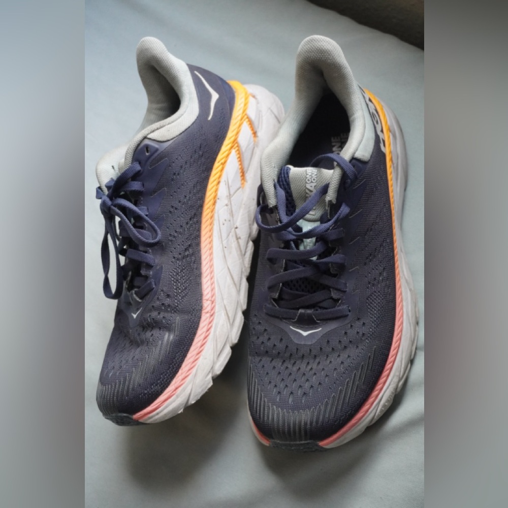 Hoka One One Women's Athletic Shoes - Navy and White with Orange Accents